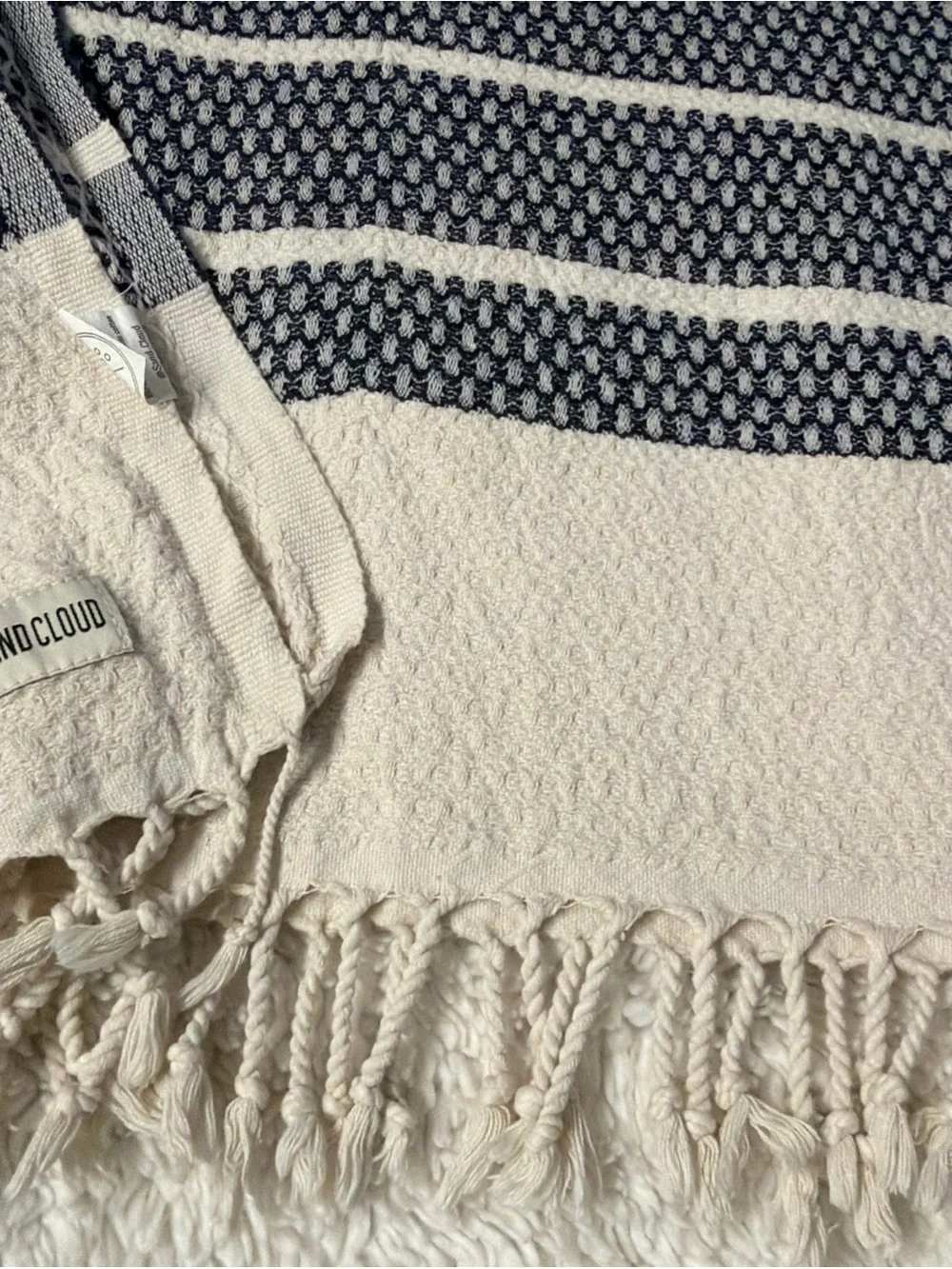 Sand cloud 100% organic Striped Cotton Throw Blanket in Cream, Navy and Red